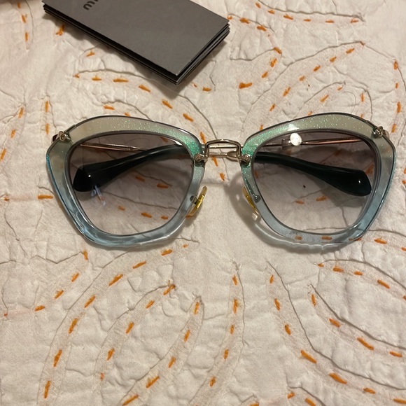 Authentic Y2K MiuMiu Cat Eye Sunglasses with glitter aqua blue frames - Picture 2 of 4